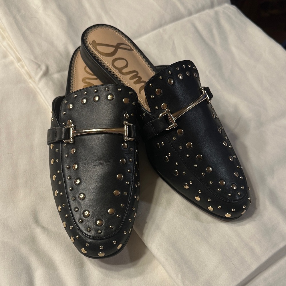 Sam Edelman Gold Studded Black Open Back Loafers